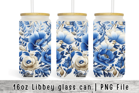 Blue Floral 16 Oz Glass Can Sublimation