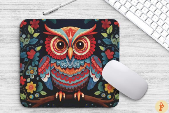 Folk Art Owl and Floral Mouse Pad Design