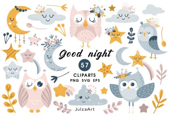Moon and Star Clipart, Owl SVG, Clouds