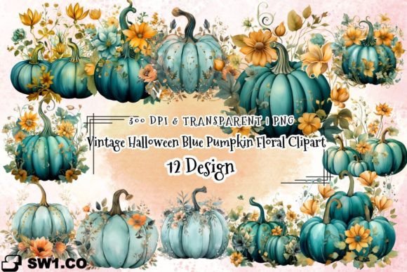 Vintage Halloween Blue Pumpkin Floral