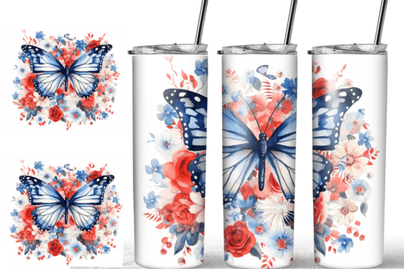 Watercolor Butterfly Patriotic Floral