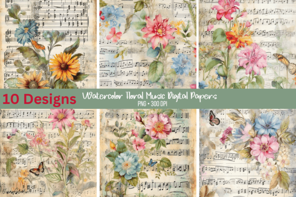 Watercolor Floral Music Digital Papers